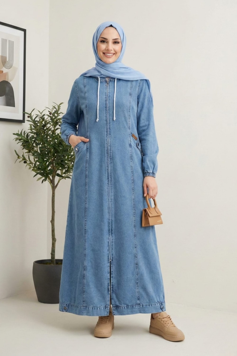 Harma Time Butik Kadın Kapüşonlu Fermuarlı Cepli Koyu Kot Gri Kap görsel 4