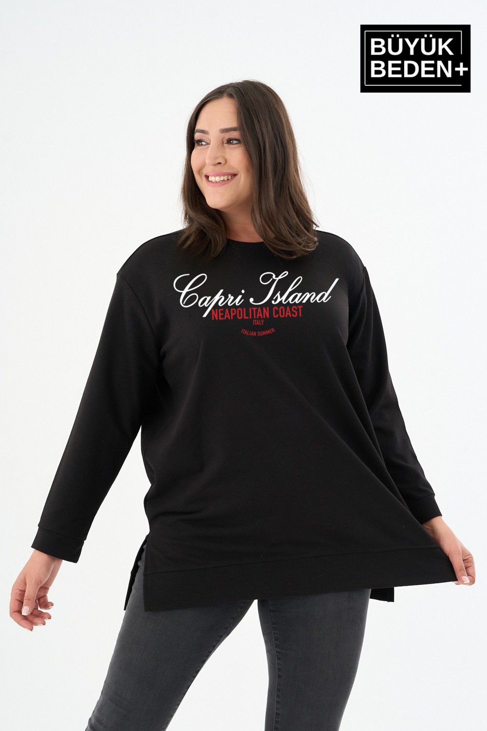 Superlife Kadın Tunik Büyük Beden Capri Island Baskılı Ince Sweatshırt SPR26BTK990-1