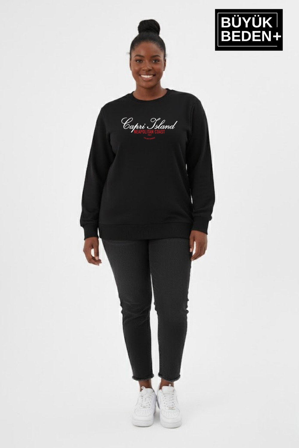 Superlife Kadın Büyük Beden Capri Island Baskılı Bisiklet Yaka Ince Sweatshirt SPR26BSWK956-14