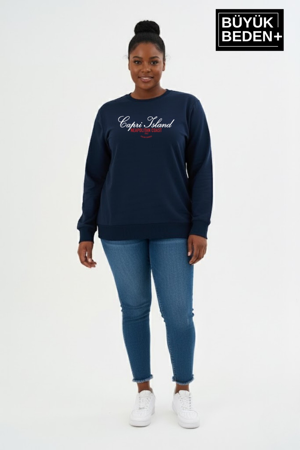Superlife Kadın Büyük Beden Capri Island Baskılı Bisiklet Yaka Ince Sweatshirt SPR26BSWK956-14