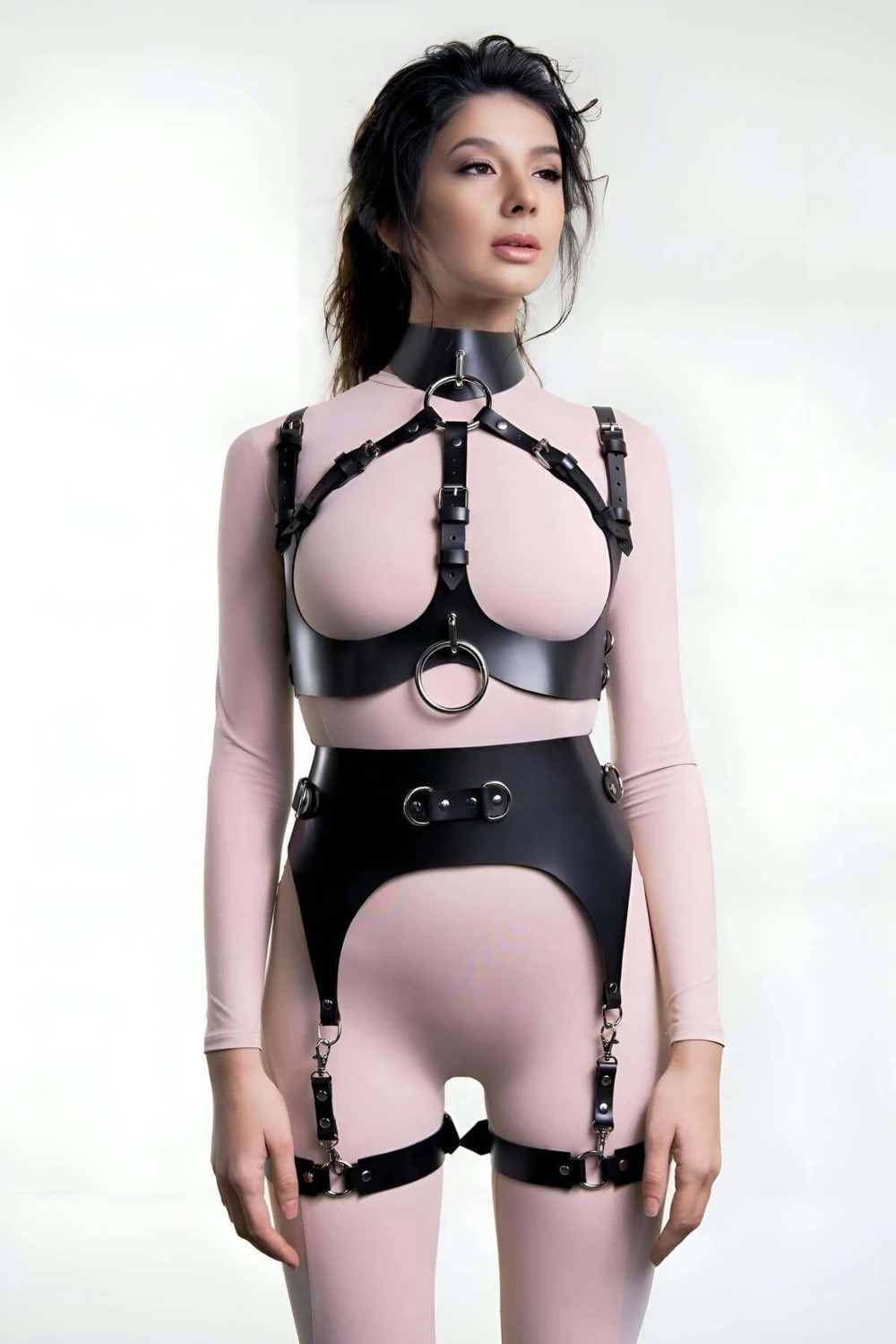 MTM My The Mall Giyim Halkalı Göğsü Açık Deri Jartiyer Harness Takım - BRF1231
