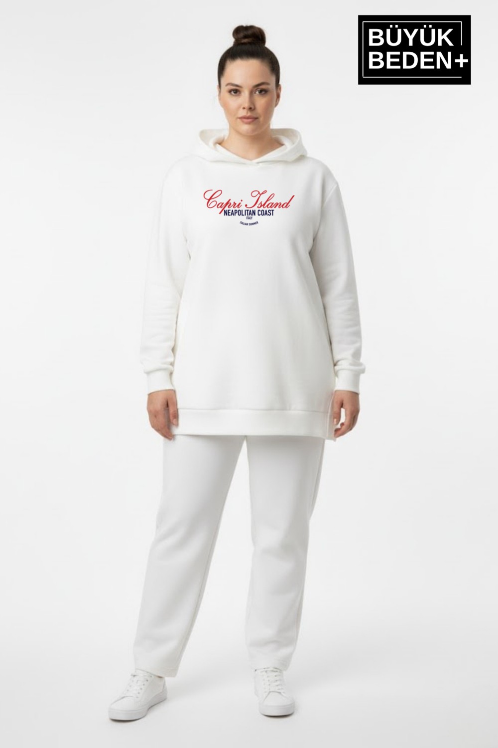 Superlife Büyük Beden Kapşonlu Capri Island Baskılı Tunik Ince Sweatshırt SPR26BTK991-2
