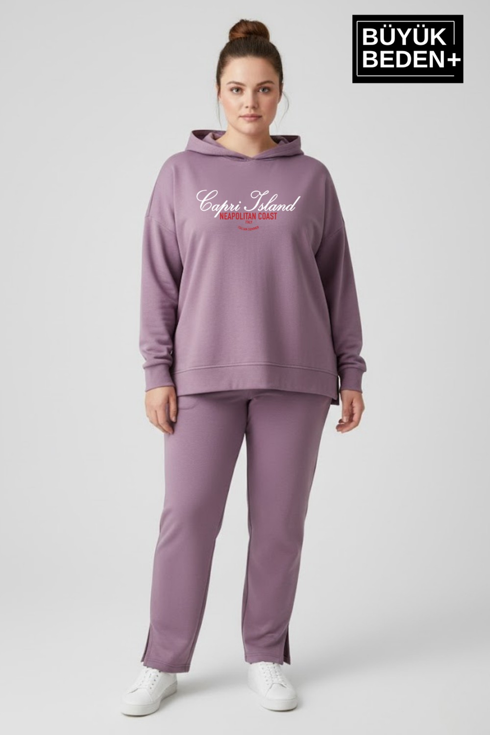 Superlife Büyük Beden Kapşonlu Capri Island Baskılı Tunik Ince Sweatshırt SPR26BTK991-2 görsel 4