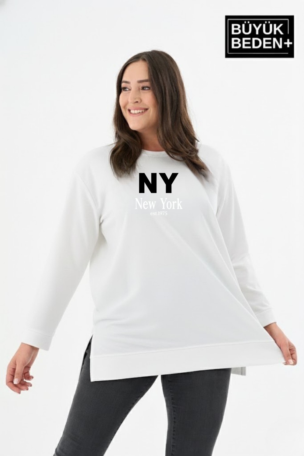 Superlife Kadın Tunik Büyük Beden Ny Newyork Baskılı Ince Sweatshırt SPR26BTK990-1 görsel 4