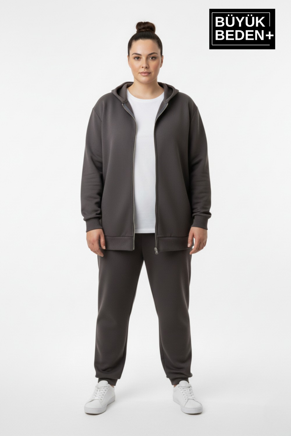 Superlife Kadın Büyük Beden Fermuarlı Kapüşonlu Ince Sweatshirt Hırka - Rahat Kalıp SPR26BHR960