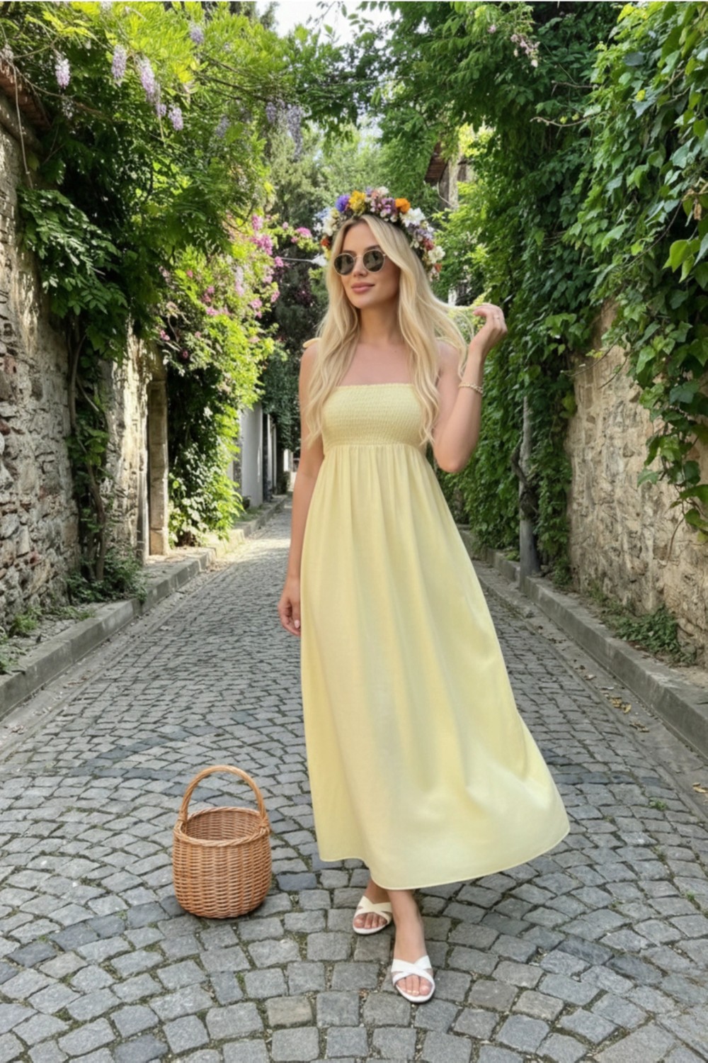 Pastelastore Haki Uzun Pamuklu Astarsız Yaz Elbisesi, Askılı görsel 4