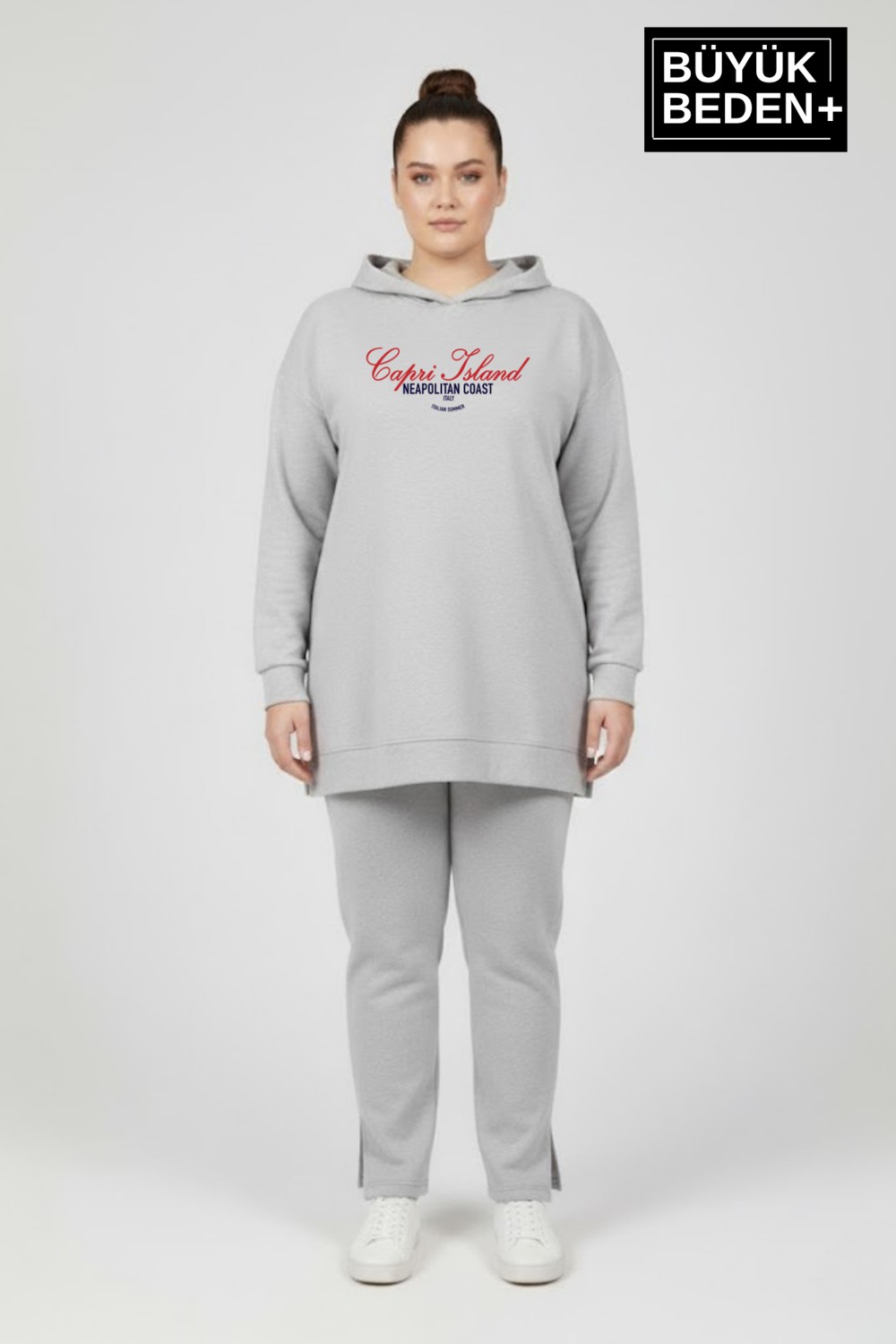 Superlife Büyük Beden Kapşonlu Capri Island Baskılı Tunik Ince Sweatshırt SPR26BTK991-2 görsel 7