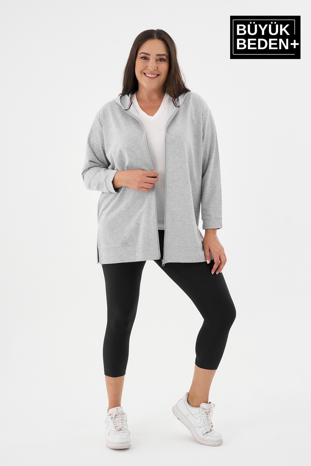 Superlife Kadın Tunik Büyük Beden Fermuarlı Kapşonlu Sweat Hırka SPR26BTK955