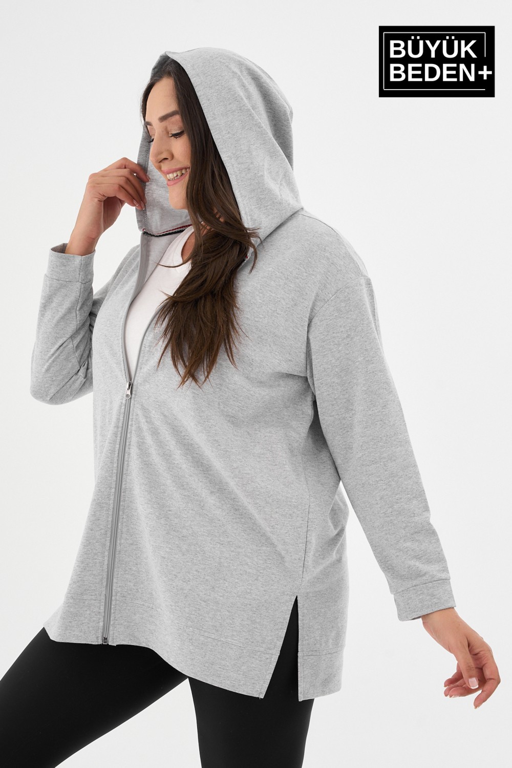 Superlife Kadın Tunik Büyük Beden Fermuarlı Kapşonlu Sweat Hırka SPR26BTK955 görsel 4