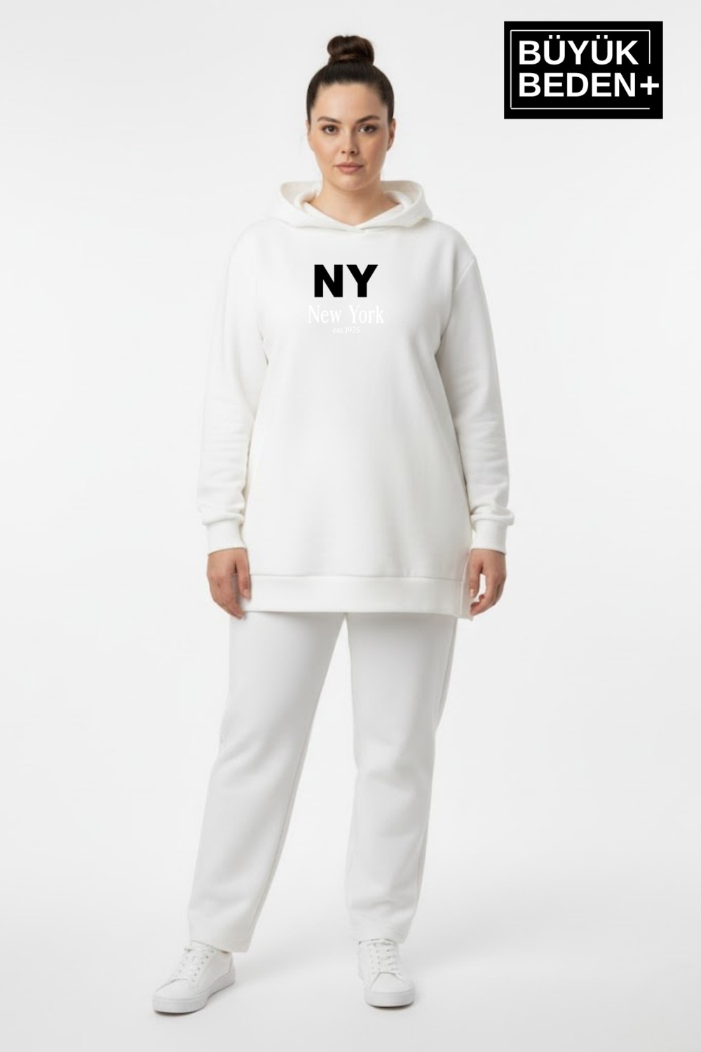 Superlife Büyük Beden Kapşonlu Ny Newyork Baskılı Tunik Ince Sweatshırt SPR26BTK991-1