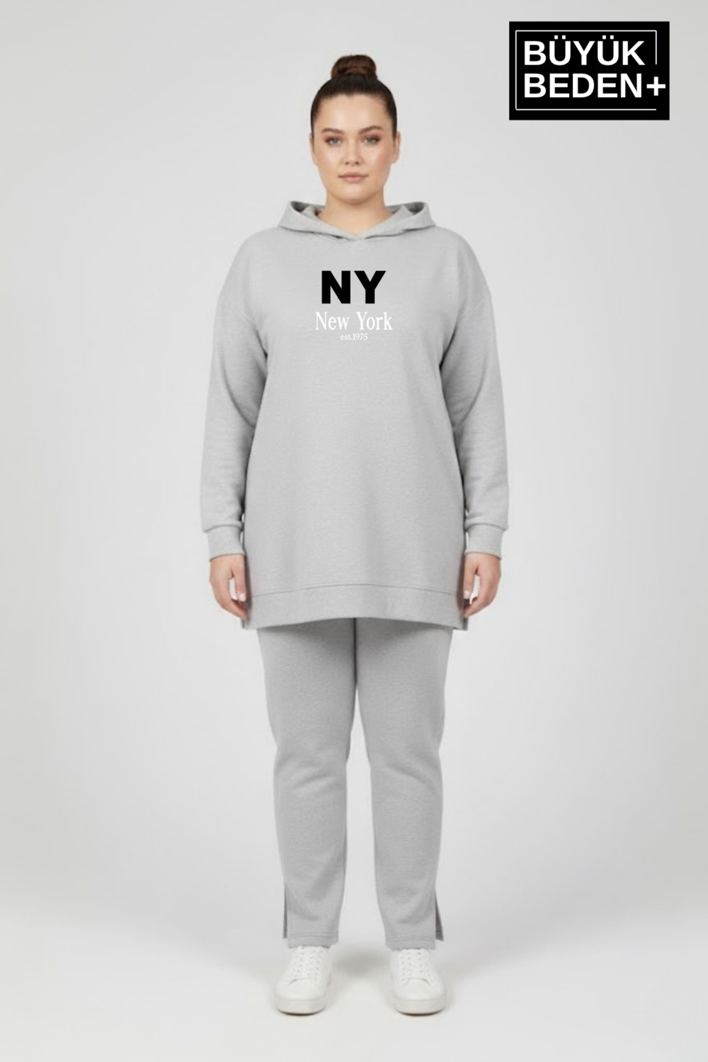 Superlife Büyük Beden Kapşonlu Ny Newyork Baskılı Tunik Ince Sweatshırt SPR26BTK991-1 görsel 7
