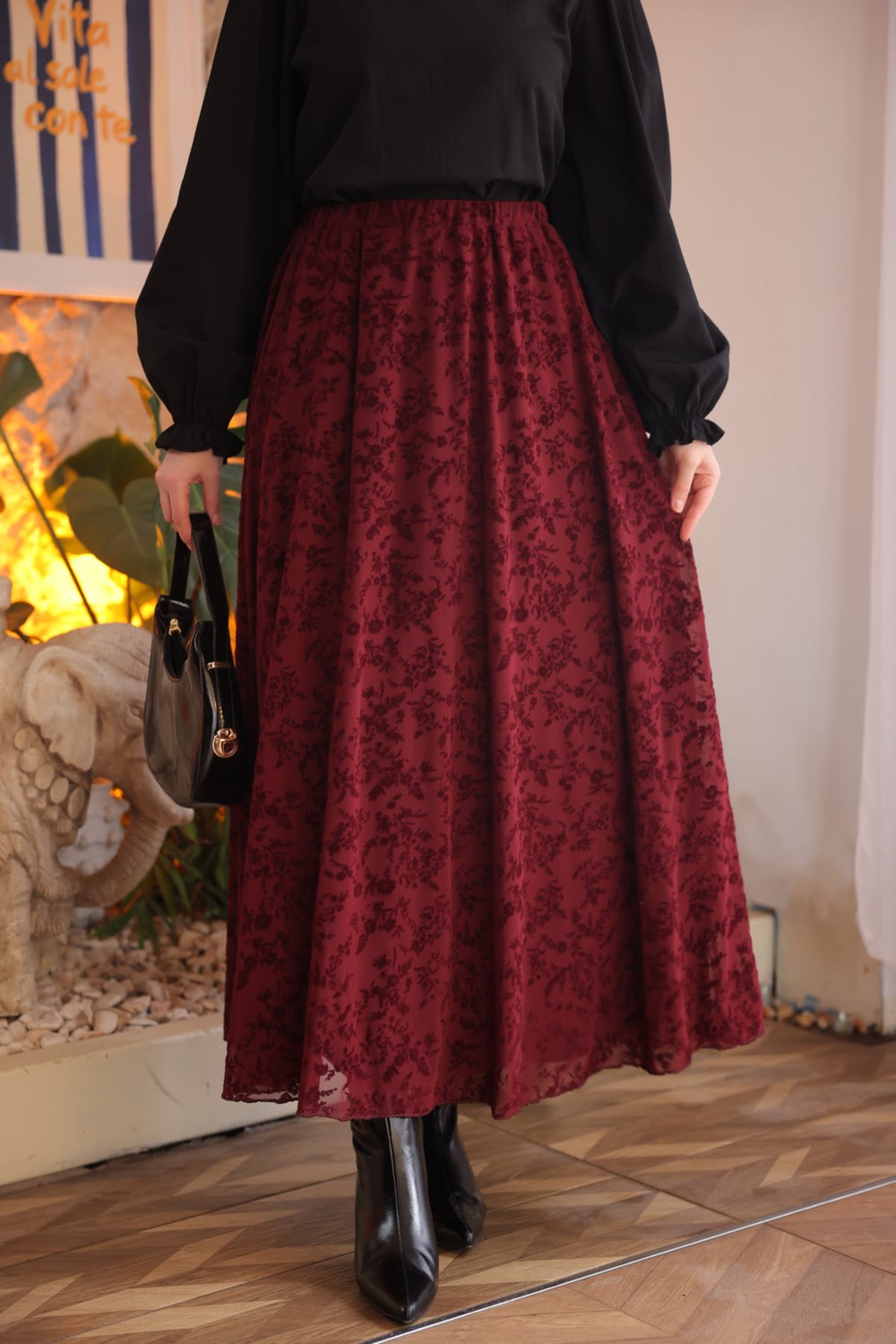 İmaj Butik Siyah Bel Lastikli Astarlı Flok Baskılı Tül Etek