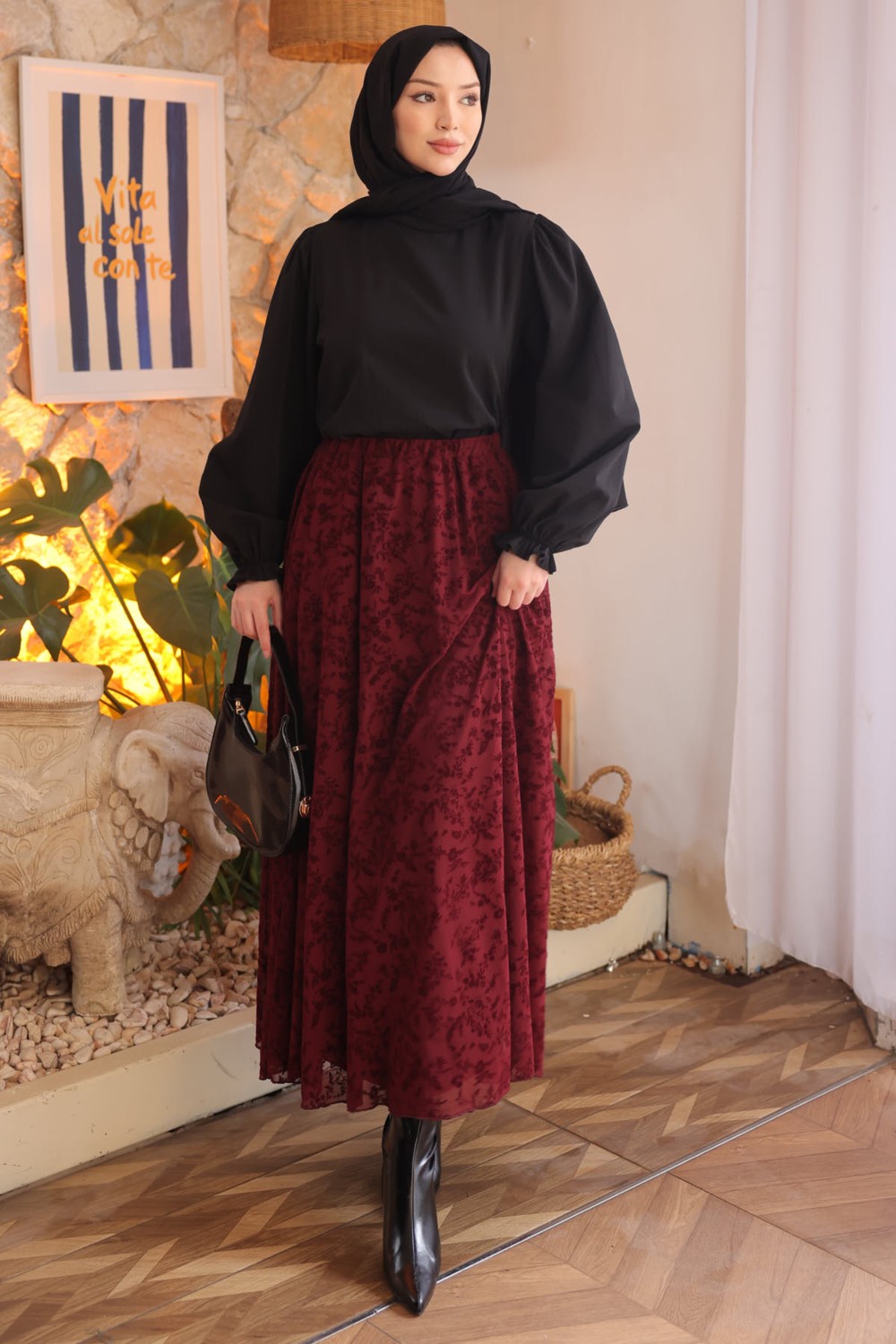 İmaj Butik Siyah Bel Lastikli Astarlı Flok Baskılı Tül Etek görsel 2