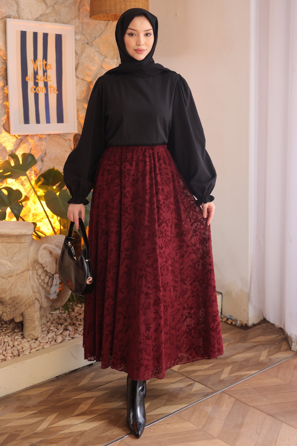 İmaj Butik Siyah Bel Lastikli Astarlı Flok Baskılı Tül Etek görsel 3