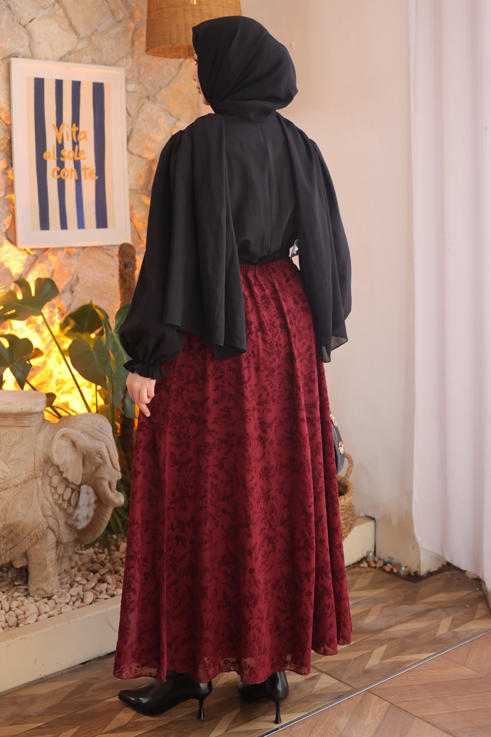 İmaj Butik Siyah Bel Lastikli Astarlı Flok Baskılı Tül Etek görsel 4