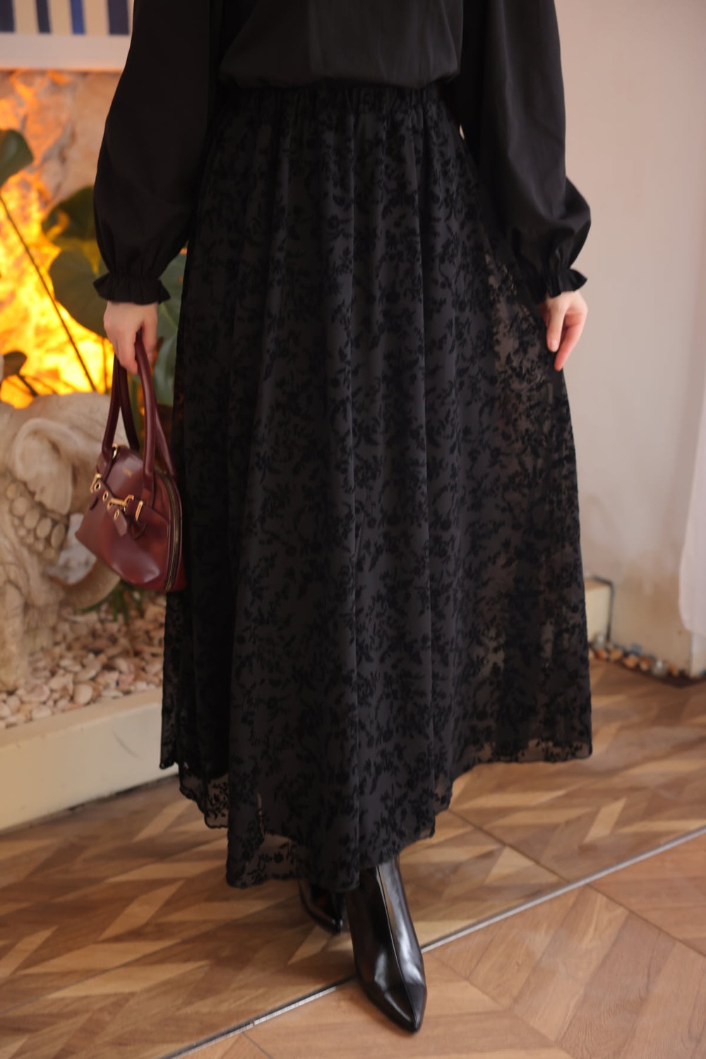İmaj Butik Siyah Bel Lastikli Astarlı Flok Baskılı Tül Etek