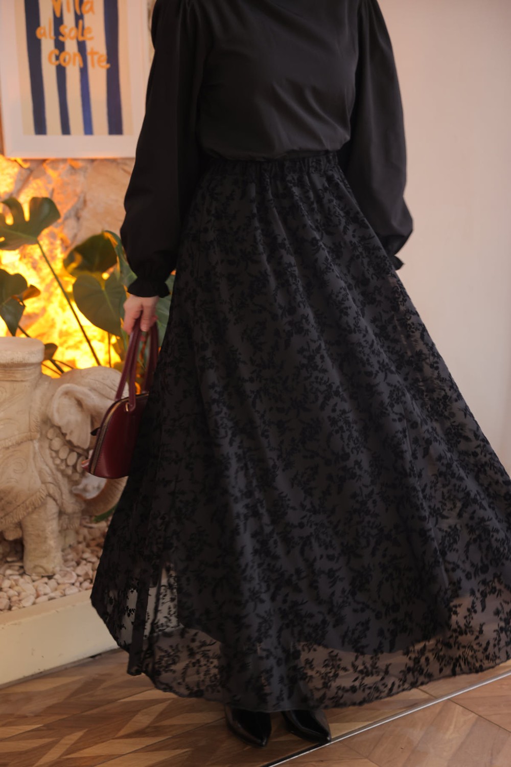 İmaj Butik Siyah Bel Lastikli Astarlı Flok Baskılı Tül Etek görsel 8