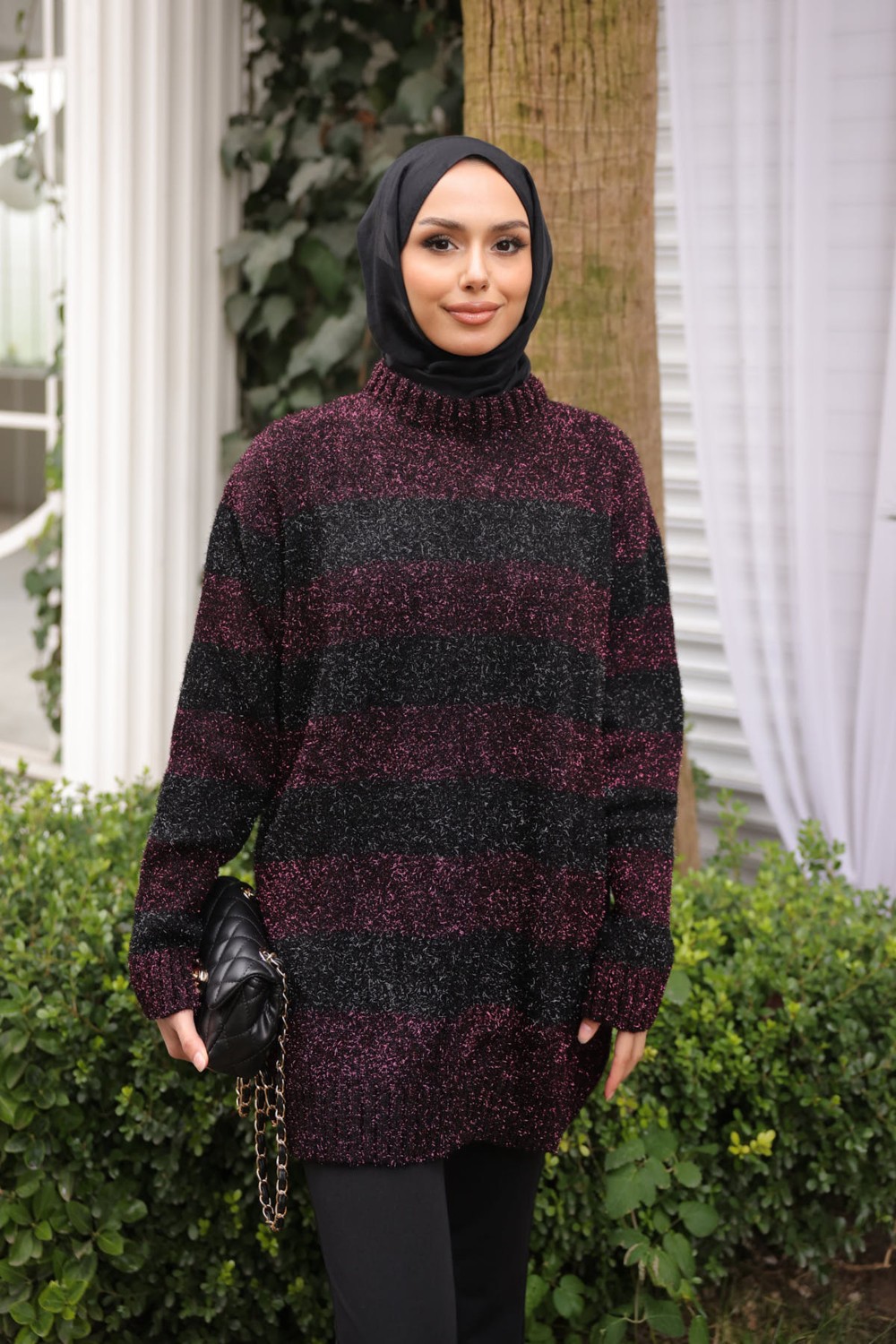İmaj Butik Siyah/mor Simli Çizgili Triko Kazak görsel 4