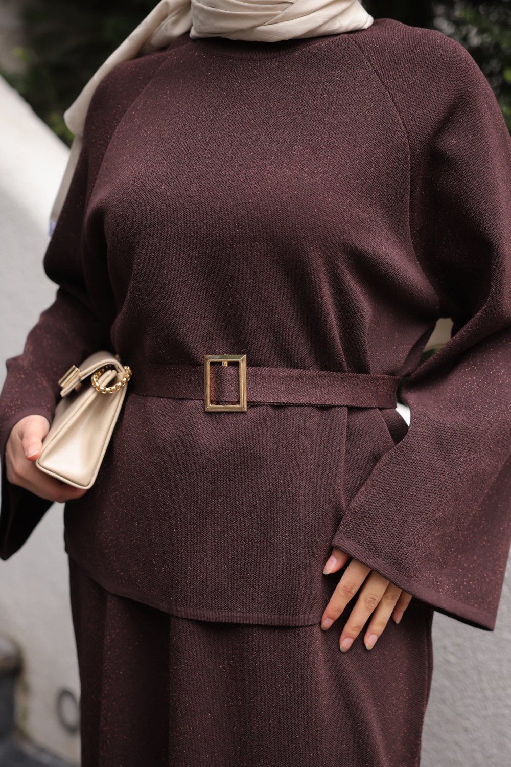İmaj Butik Lacivert Bel Kemer Detaylı Kazak Etekli Triko Takım görsel 6