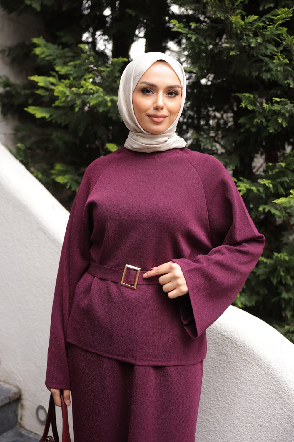 İmaj Butik Lacivert Bel Kemer Detaylı Kazak Etekli Triko Takım