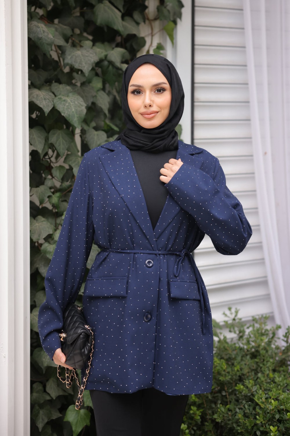 İmaj Butik Lacivert Taş Baskılı Astarlı Ceket