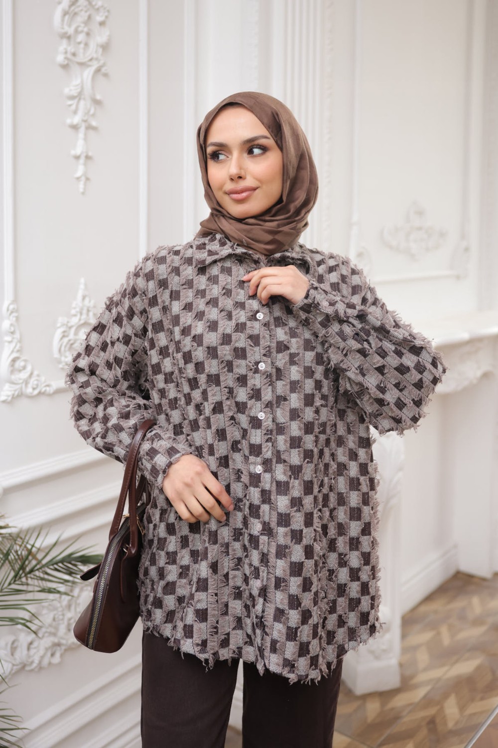 İmaj Butik Kahverengi Renk Bloklu Püsküllü Oversize Gömlek