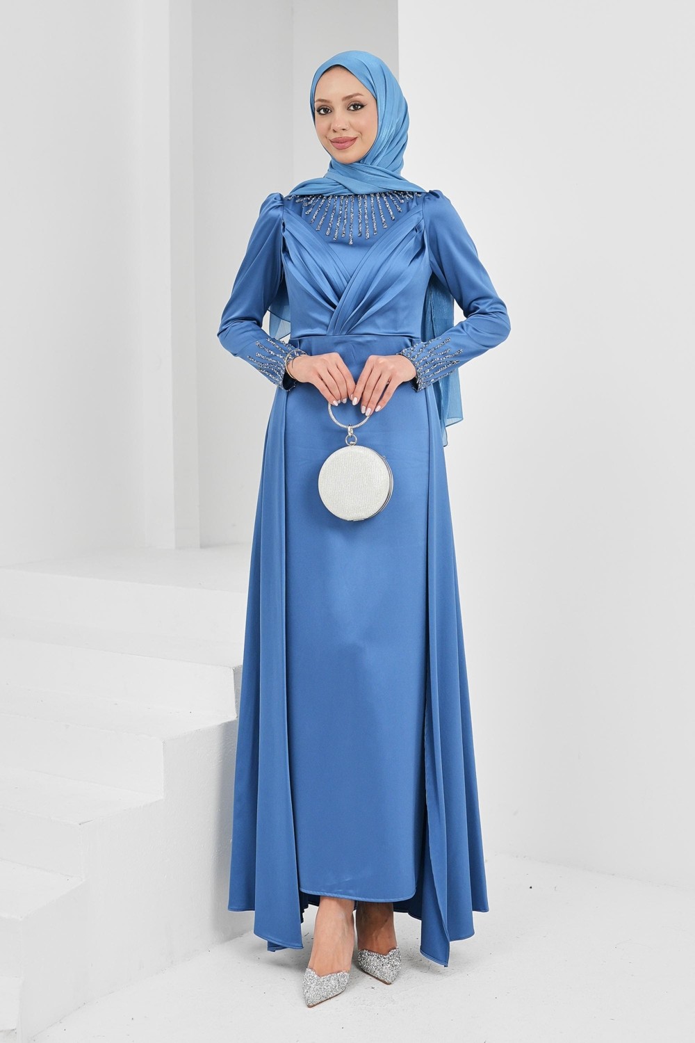 İmaj Butik Indigo Önü Taşlı Saten Abiye görsel 2