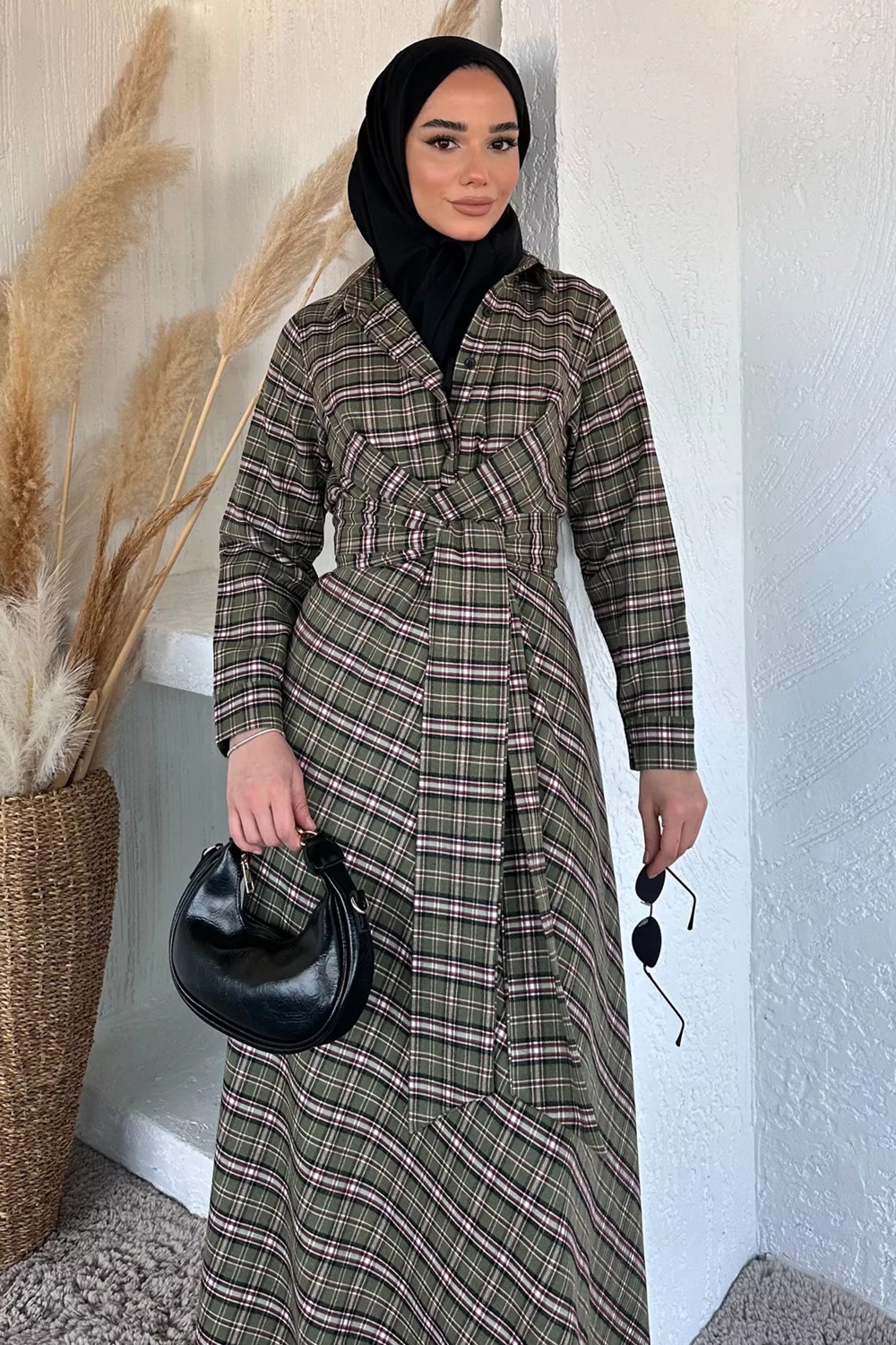 Julude Gülseli Ekose Desenli Bel Bağlamalı Tesettür Elbise P-00020377 görsel 8