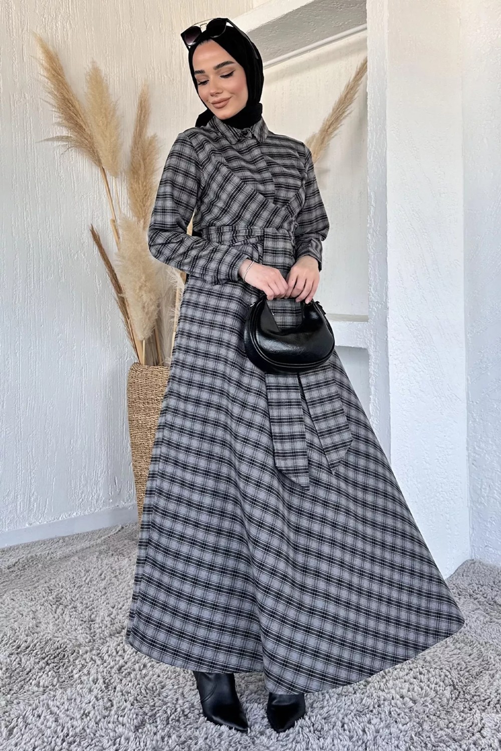 Julude Gülseli Ekose Desenli Bel Bağlamalı Tesettür Elbise P-00020377 görsel 2