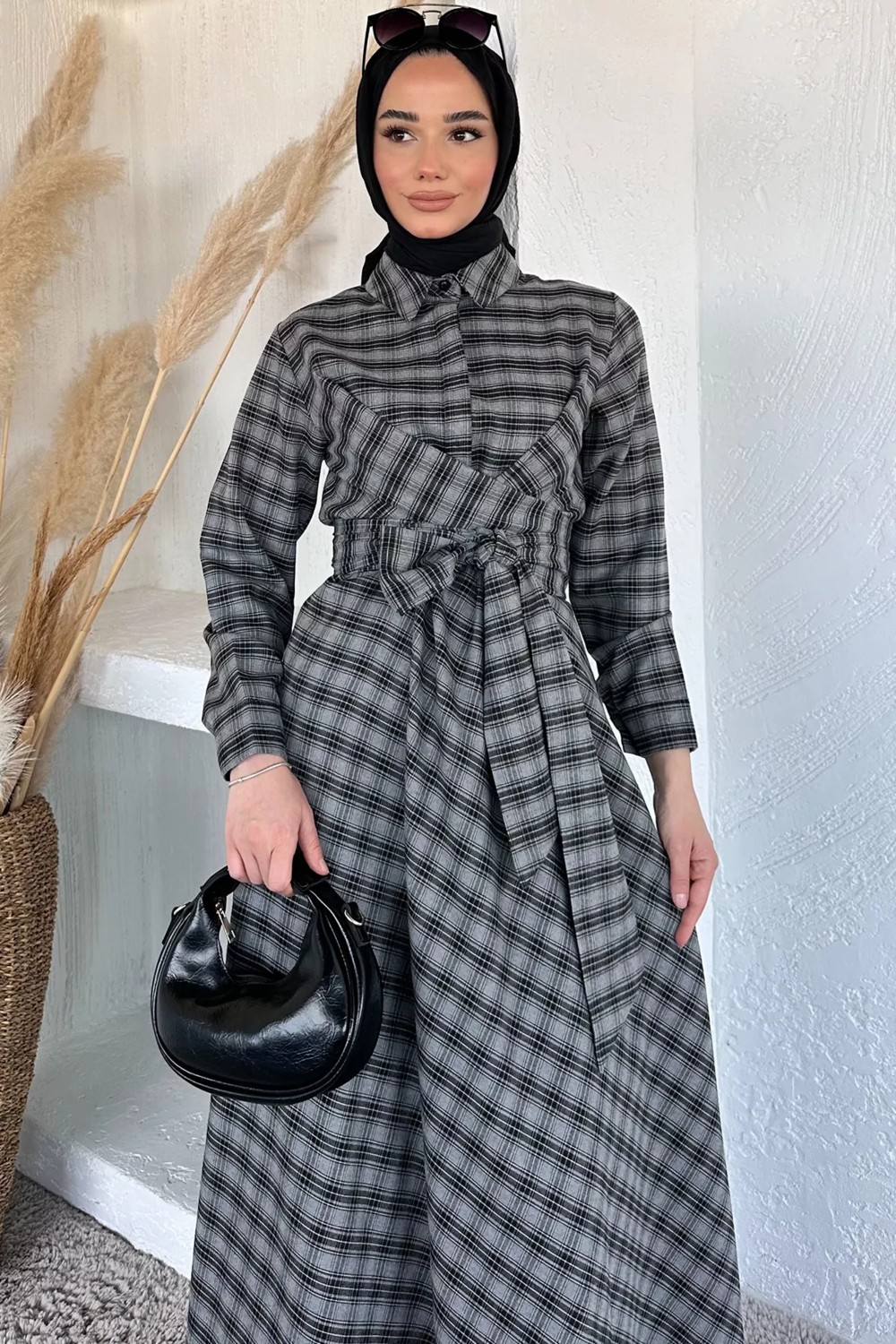 Julude Gülseli Ekose Desenli Bel Bağlamalı Tesettür Elbise P-00020377 görsel 3