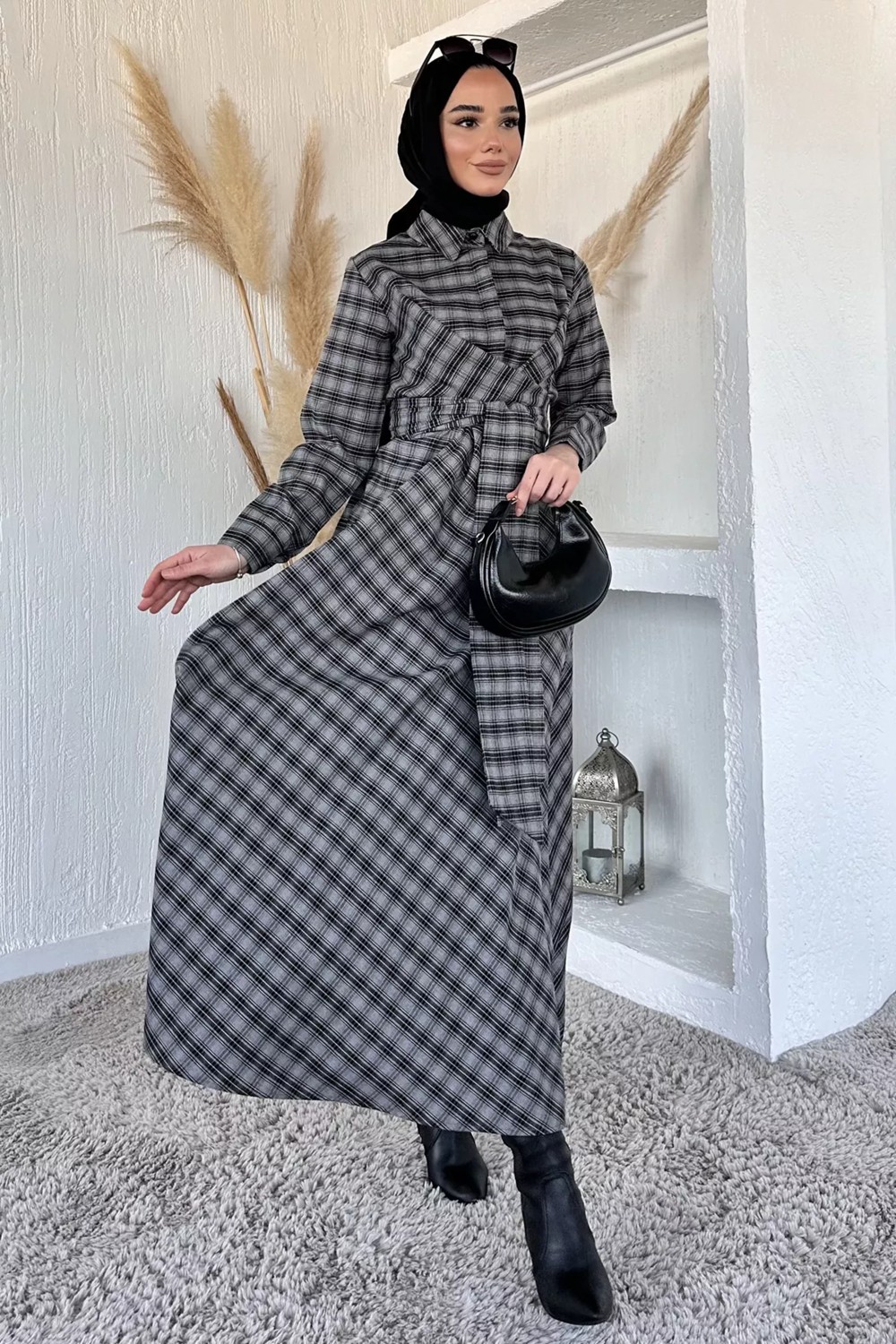 Julude Gülseli Ekose Desenli Bel Bağlamalı Tesettür Elbise P-00020377 görsel 5