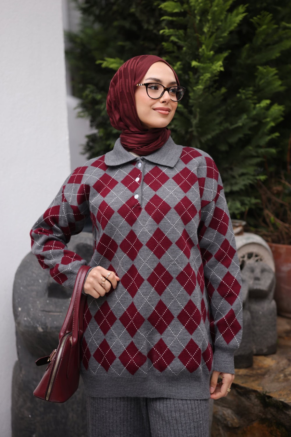 İmaj Butik Haki Polo Yaka Baklava Desenli Triko Kazak