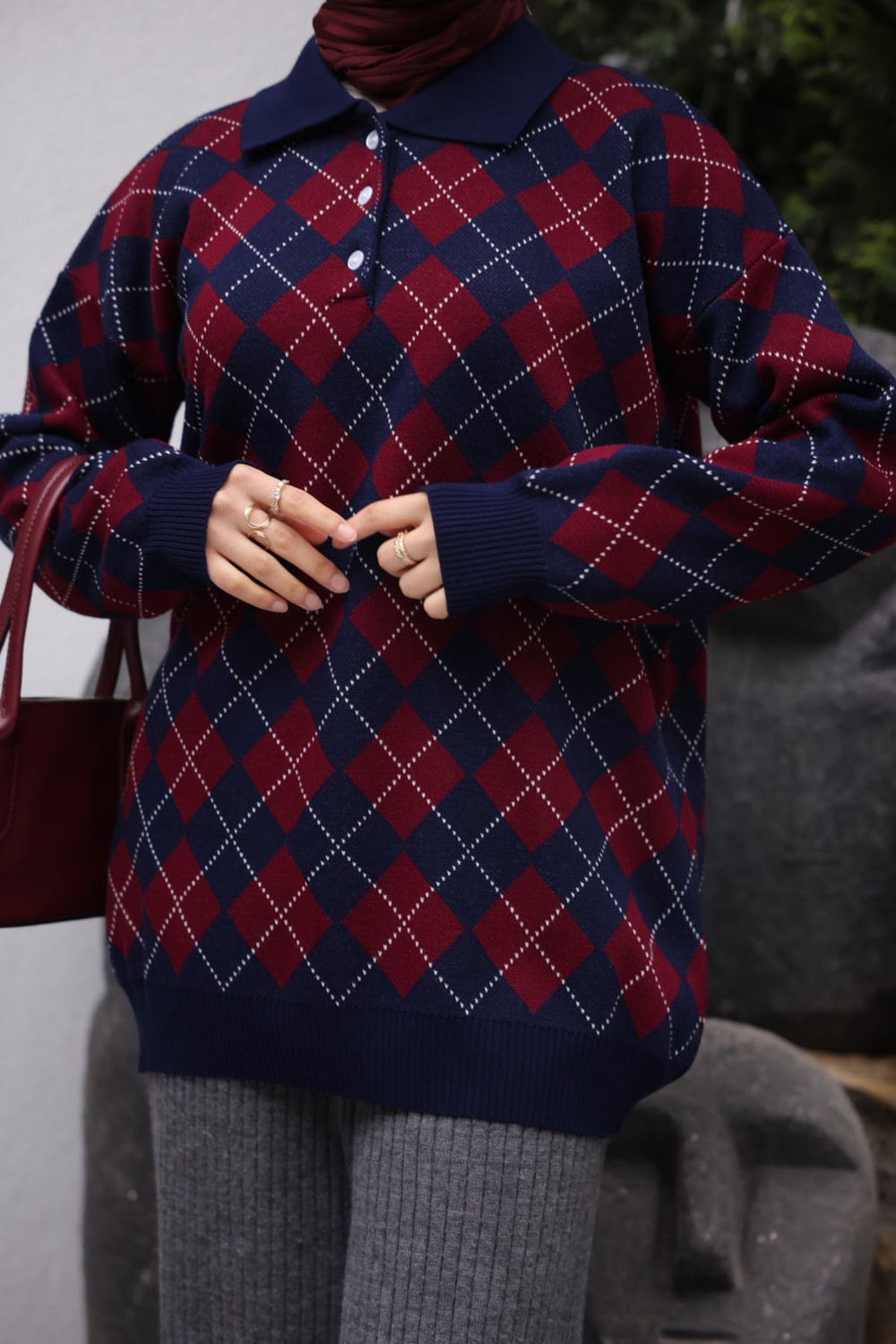 İmaj Butik Haki Polo Yaka Baklava Desenli Triko Kazak görsel 6