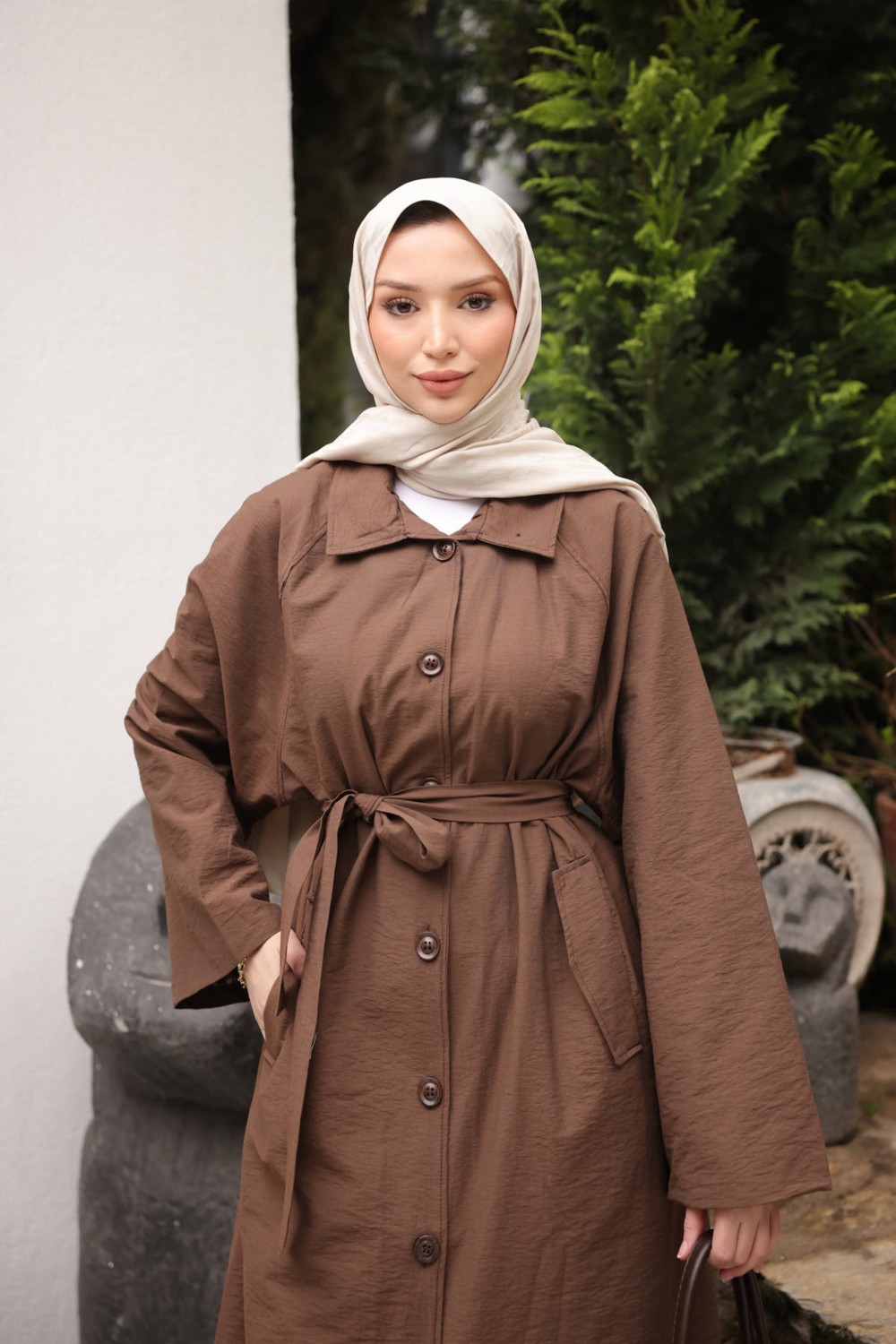 İmaj Butik Kahverengi Cepli Kuşaklı Oversize Trençkot görsel 2