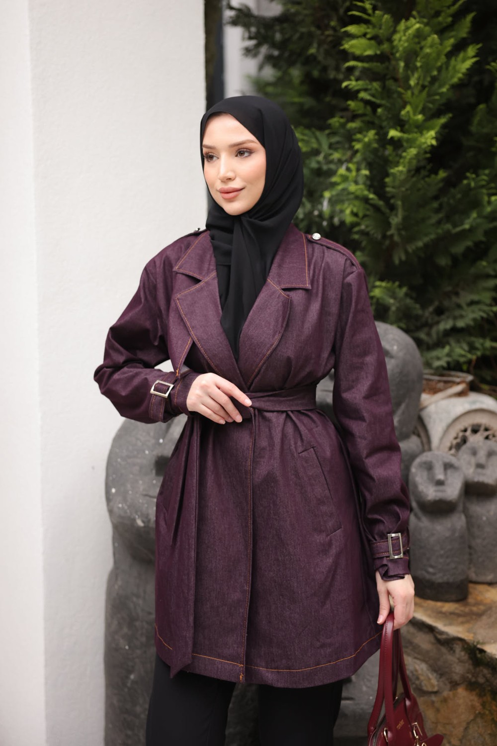 İmaj Butik Mürdüm Kruvaze Yaka Cepli Kuşaklı Ceket görsel 3