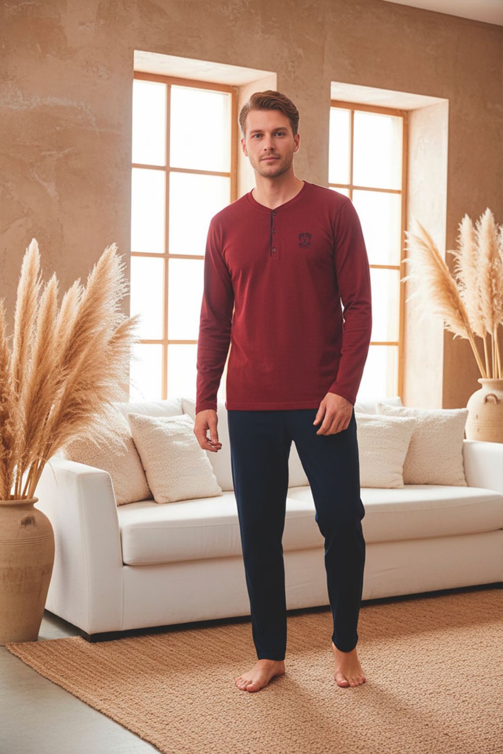 Kompedan Erkek Uzun Kollu 4 Mevsim Penye Süprem Önü Patlı Pijama Takımı | Bordo 800
