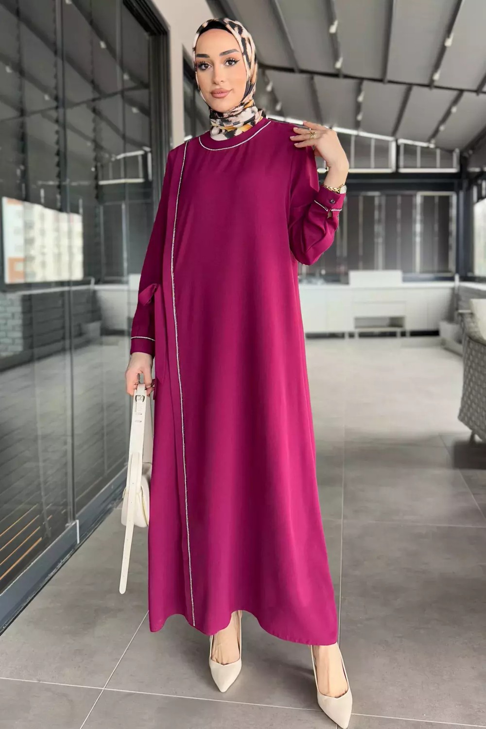 Julude Kadın Bel Kuşaklı Taş Işlemeli Büyük Beden Tesettür Elbise P-00015250 görsel 2