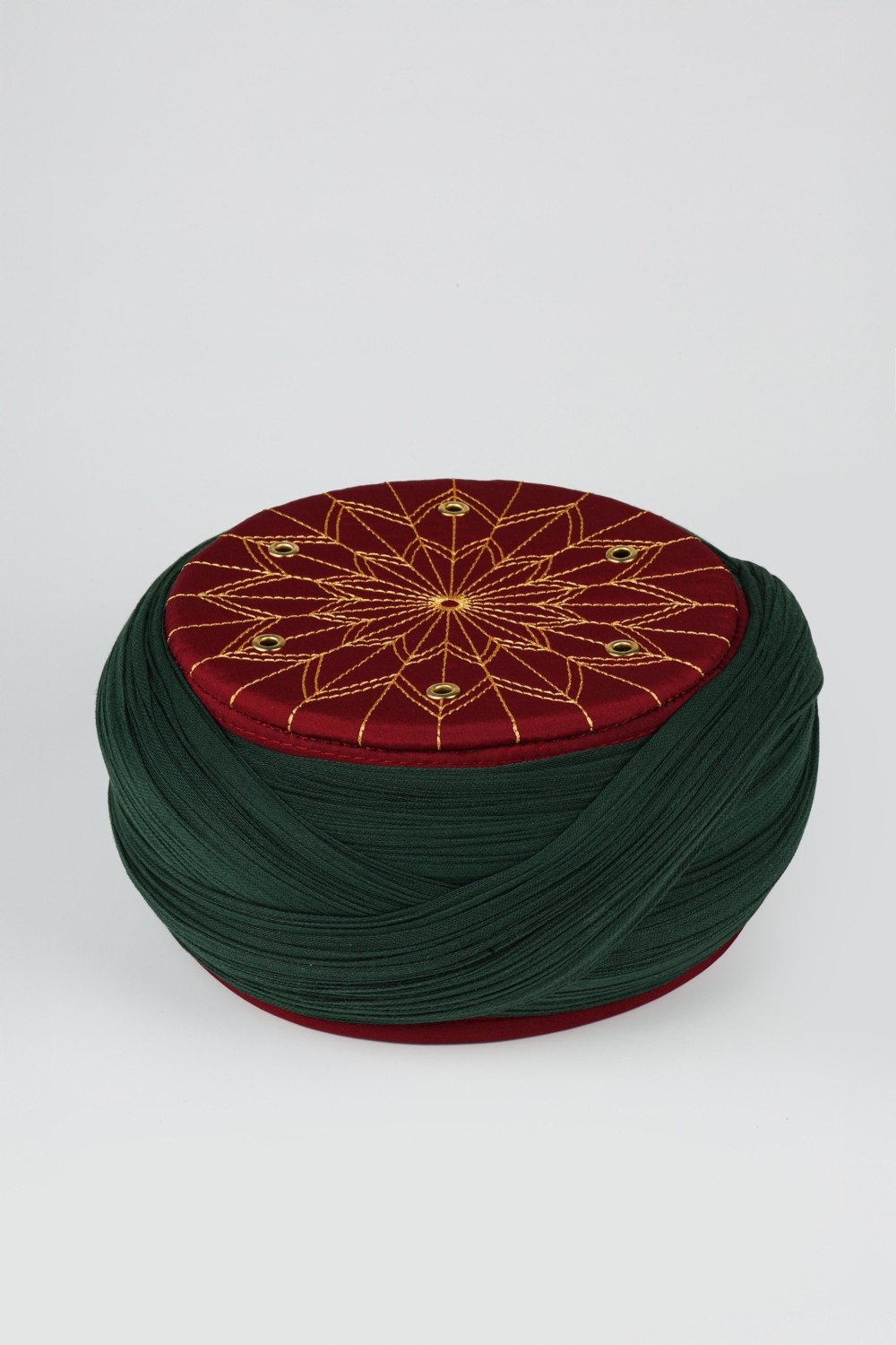 Sarıkhane Talebe Sarığı - Yeşil Kumaş - Bordo Takke - Çapraz Sarım - Kuş Gözü - 7 Metre