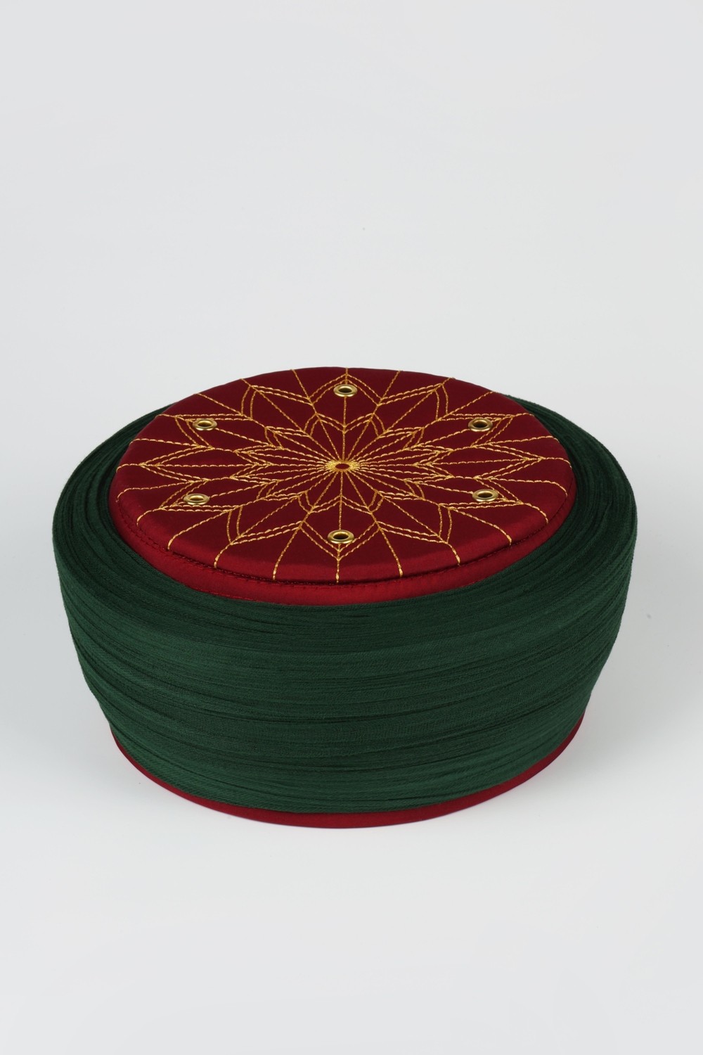 Sarıkhane Talebe Sarığı - Yeşil Kumaş - Bordo Takke - Düz Sarım - Kuş Gözü - 7 Metre