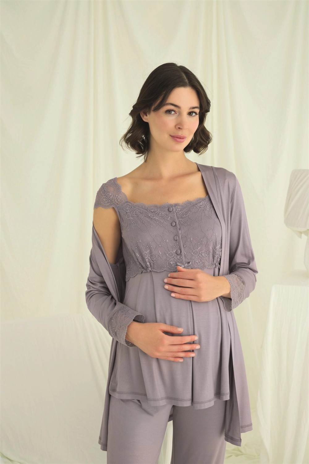 Beruflic Dantelli Önü Düğmeli Hamile Lohusa 3'lü Pijama Takımı görsel 4