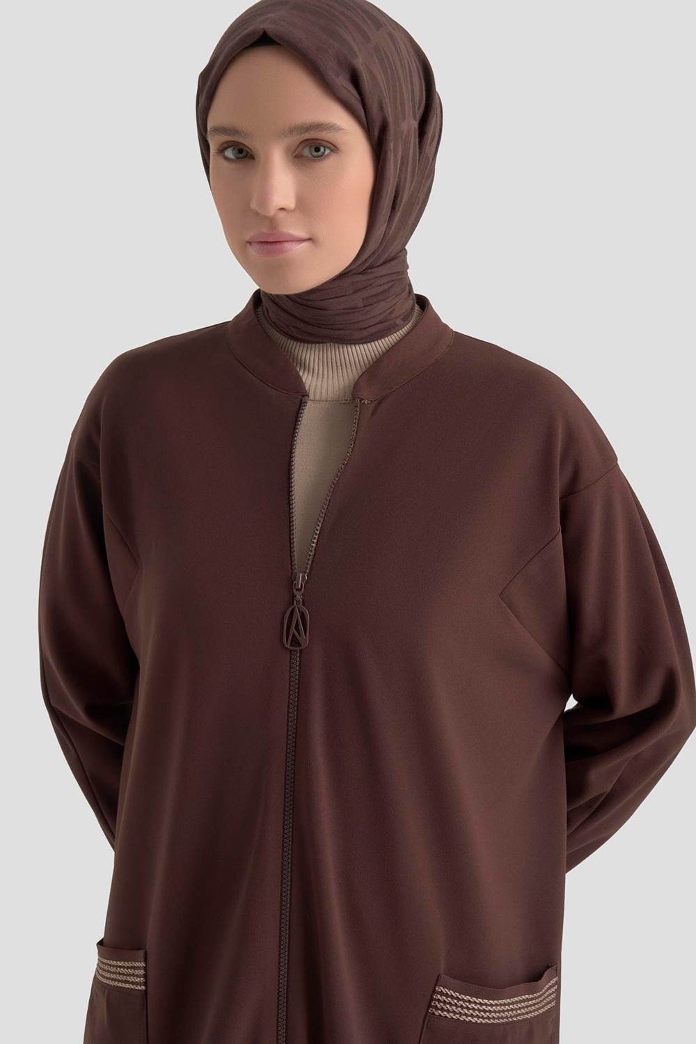 Armine Trend Kolları Ribanalı Boydan Fermuarlı Cepli Giy Çık Kahverengi 25KT557 görsel 2