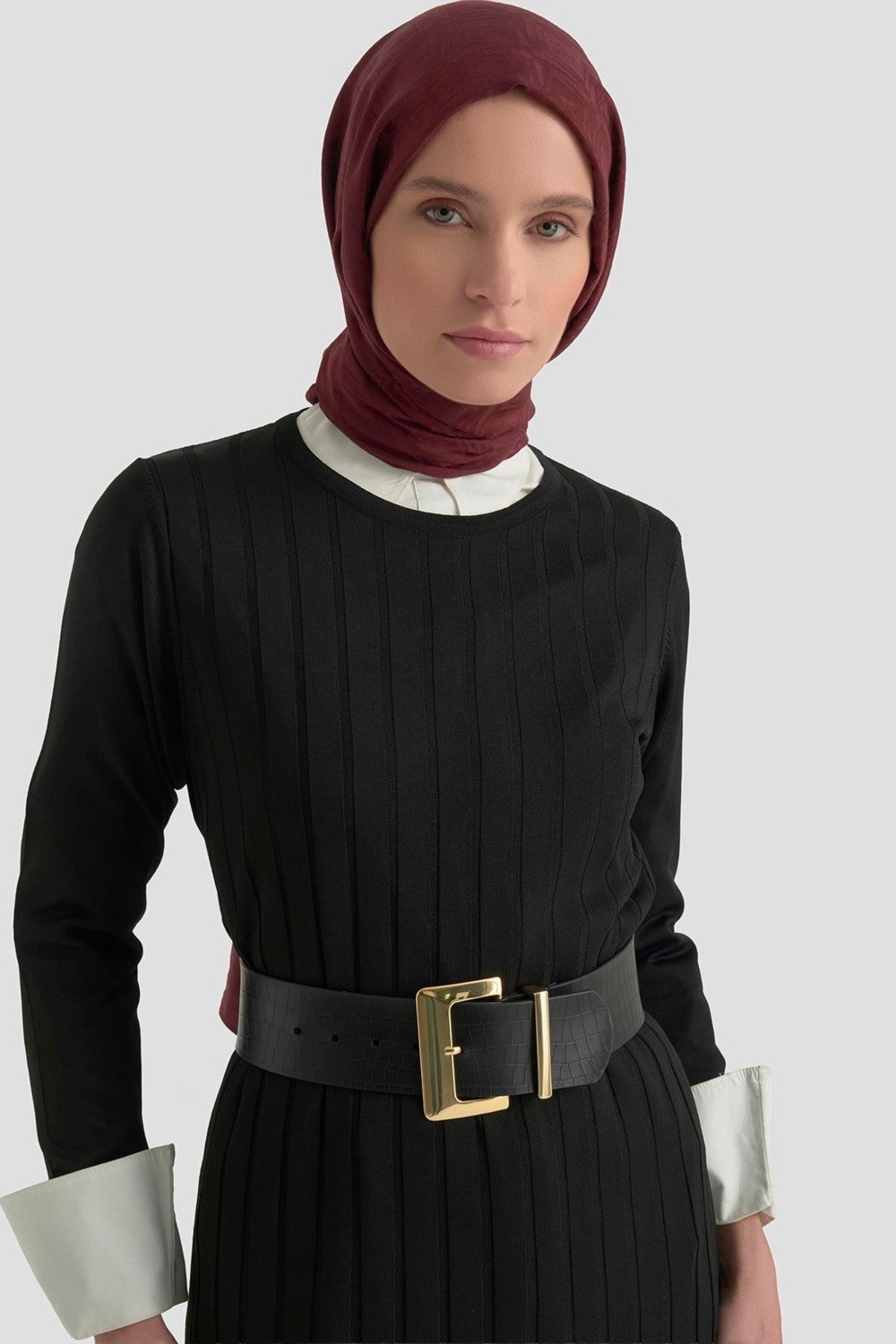 Armine Trend Kendinden Çizgili Triko Elbise Siyah 25KTD901 görsel 2