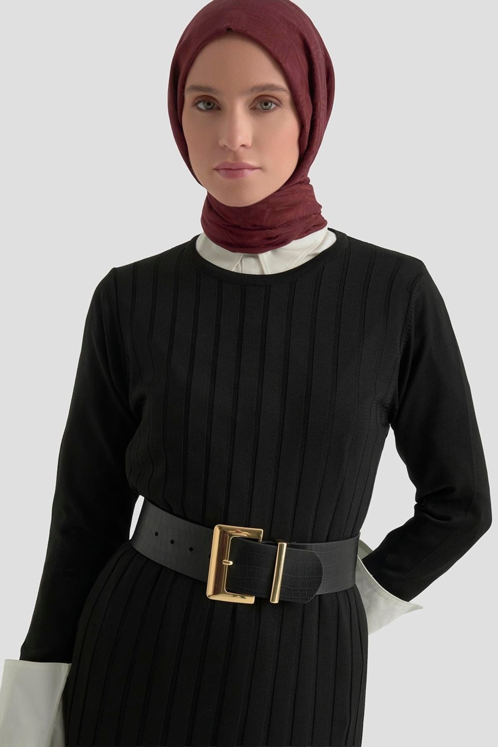 Armine Trend Kendinden Çizgili Triko Elbise Siyah 25KTD901 görsel 3