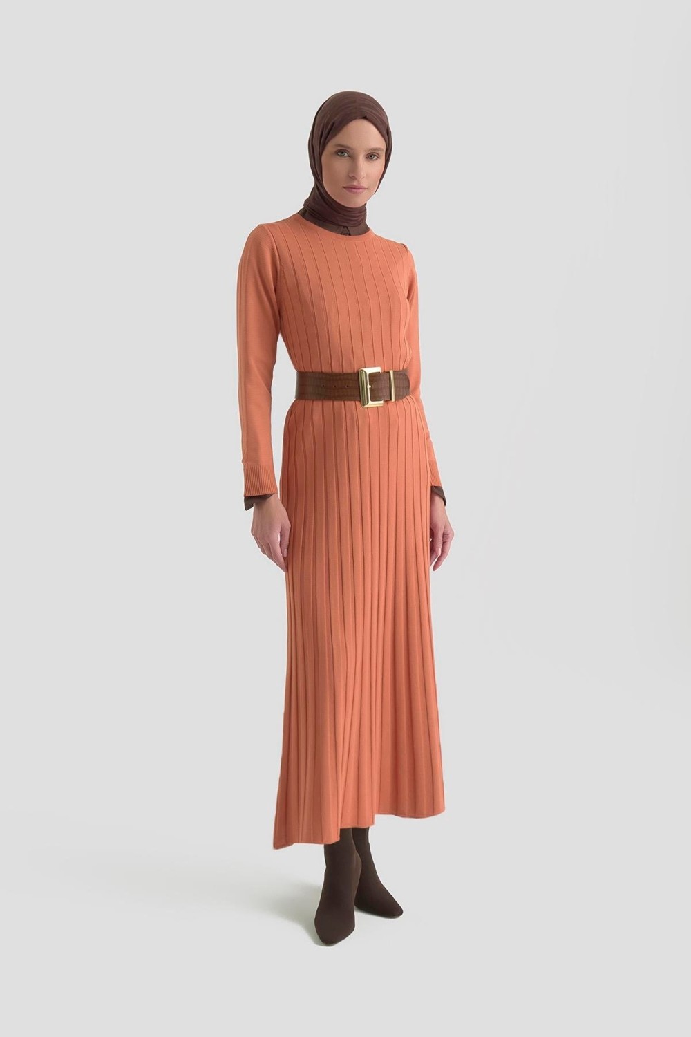 Armine Trend Kendinden Çizgili Triko Elbise Şeftali 25KTD901