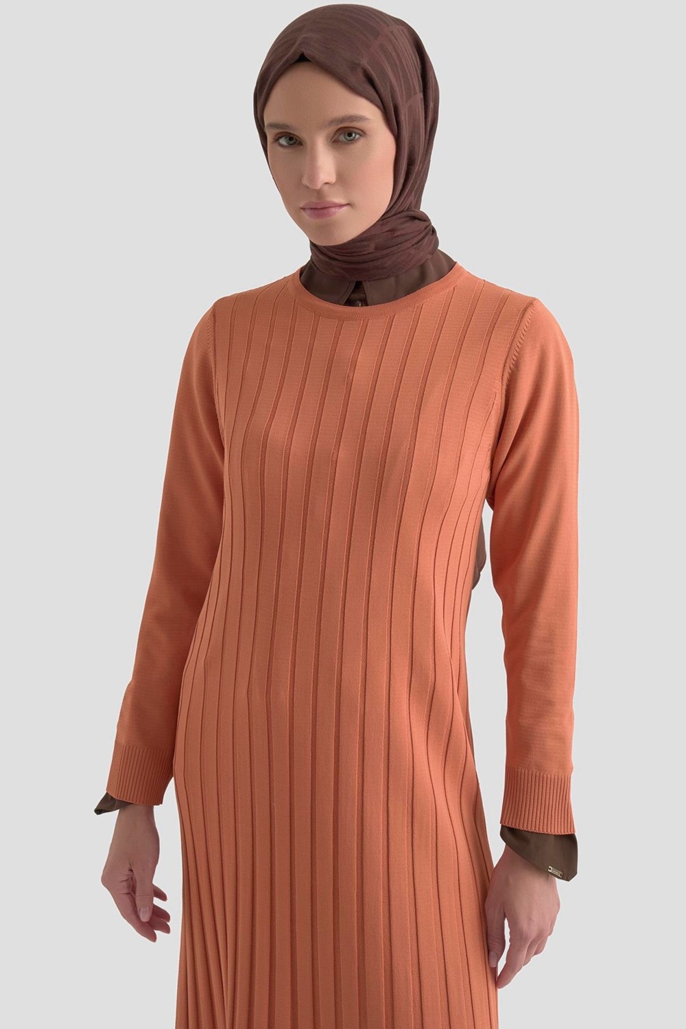 Armine Trend Kendinden Çizgili Triko Elbise Şeftali 25KTD901 görsel 4