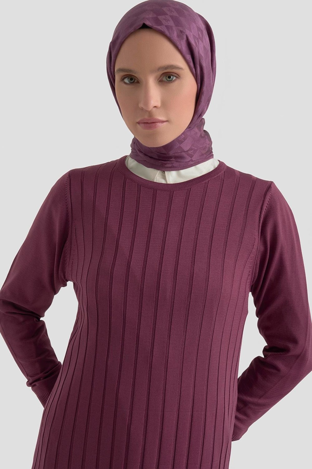 Armine Trend Kendinden Çizgili Triko Elbise Mürdüm 25KTD901 görsel 2