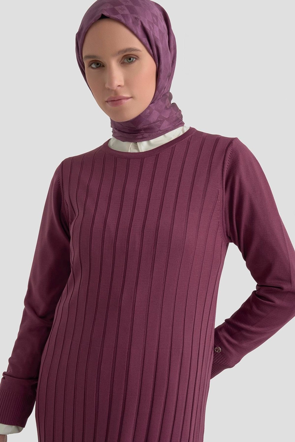 Armine Trend Kendinden Çizgili Triko Elbise Mürdüm 25KTD901 görsel 3