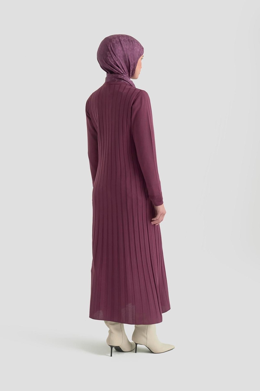 Armine Trend Kendinden Çizgili Triko Elbise Mürdüm 25KTD901 görsel 4