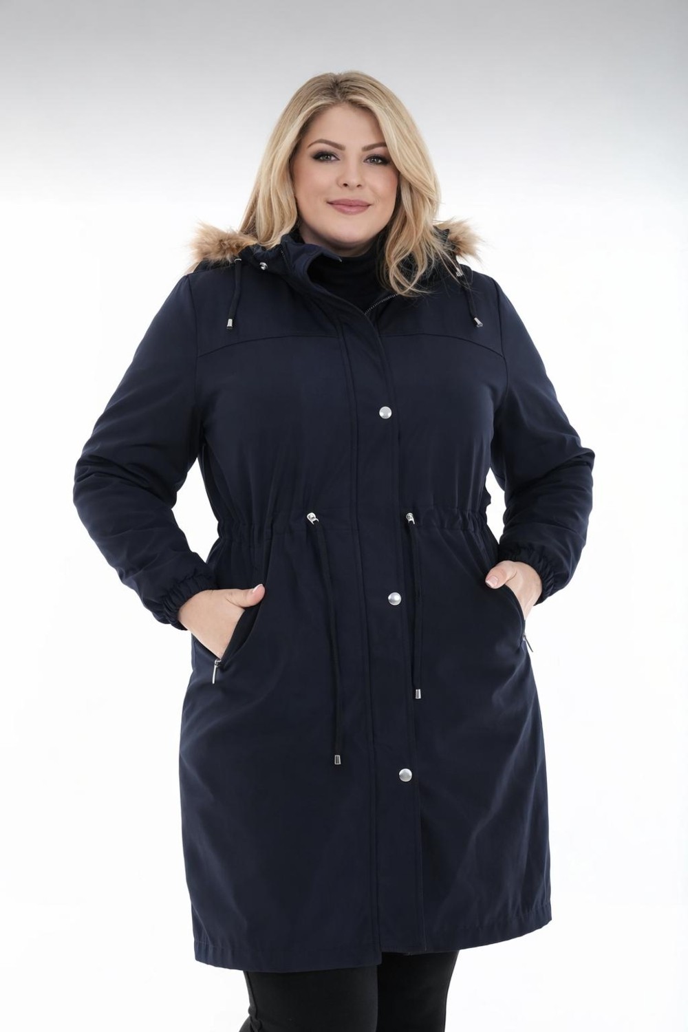 TUTveAL Collection Kadın Suya Dayanıklı Büyük Beden Mont Kapüşonlu Uzun Siyah Mont Bonded Kumaş Içi Kürklü Mont görsel 8
