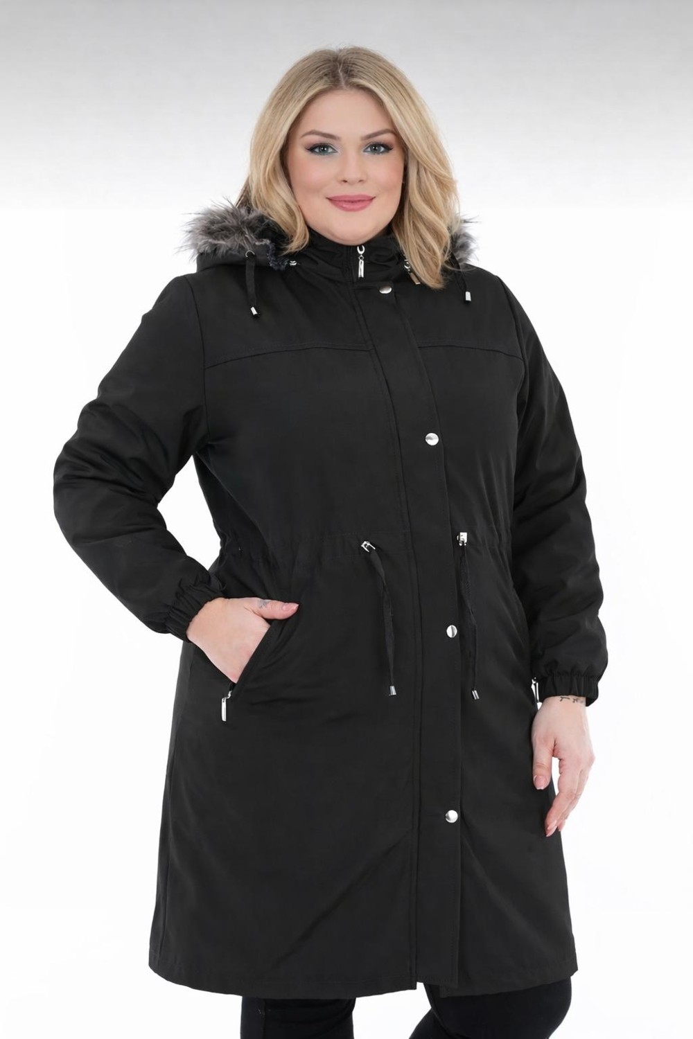 TUTveAL Collection Kadın Suya Dayanıklı Büyük Beden Mont Kapüşonlu Uzun Siyah Mont Bonded Kumaş Içi Kürklü Mont